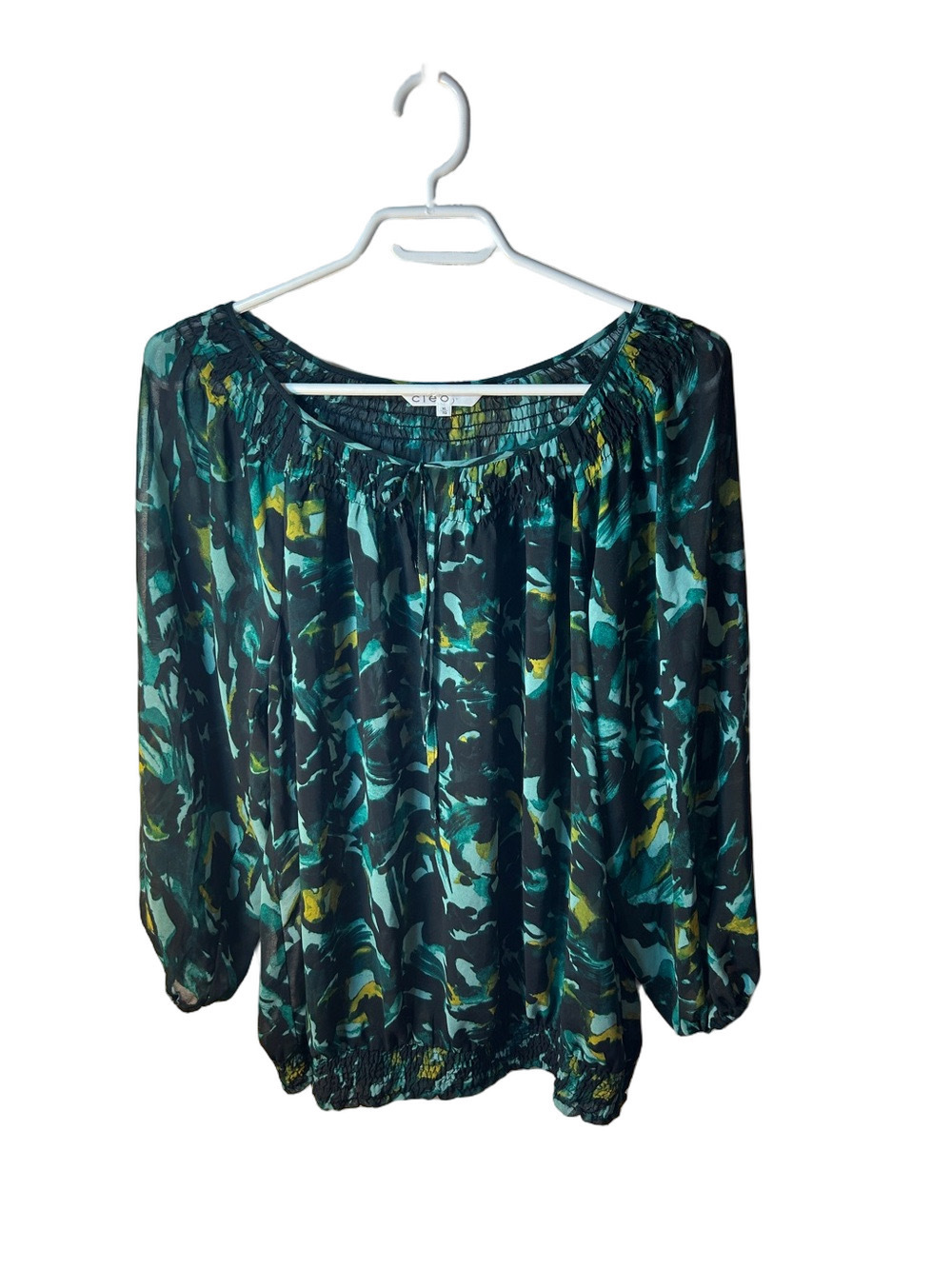 Cleo Teal and Green Floral Sheer Peasant Top size XL tie front
